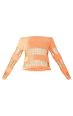 Orange Contrast Mixed Open & Fluffy Knit Top