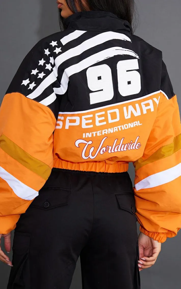 Orange Cropped Oversized Graphic Zipped Racer Bomber Jacket