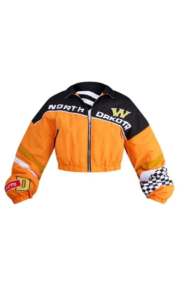 Orange Cropped Oversized Graphic Zipped Racer Bomber Jacket