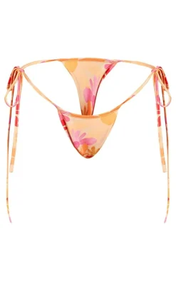 Orange Daisy Floral Print Tie Side Bikini Bottoms