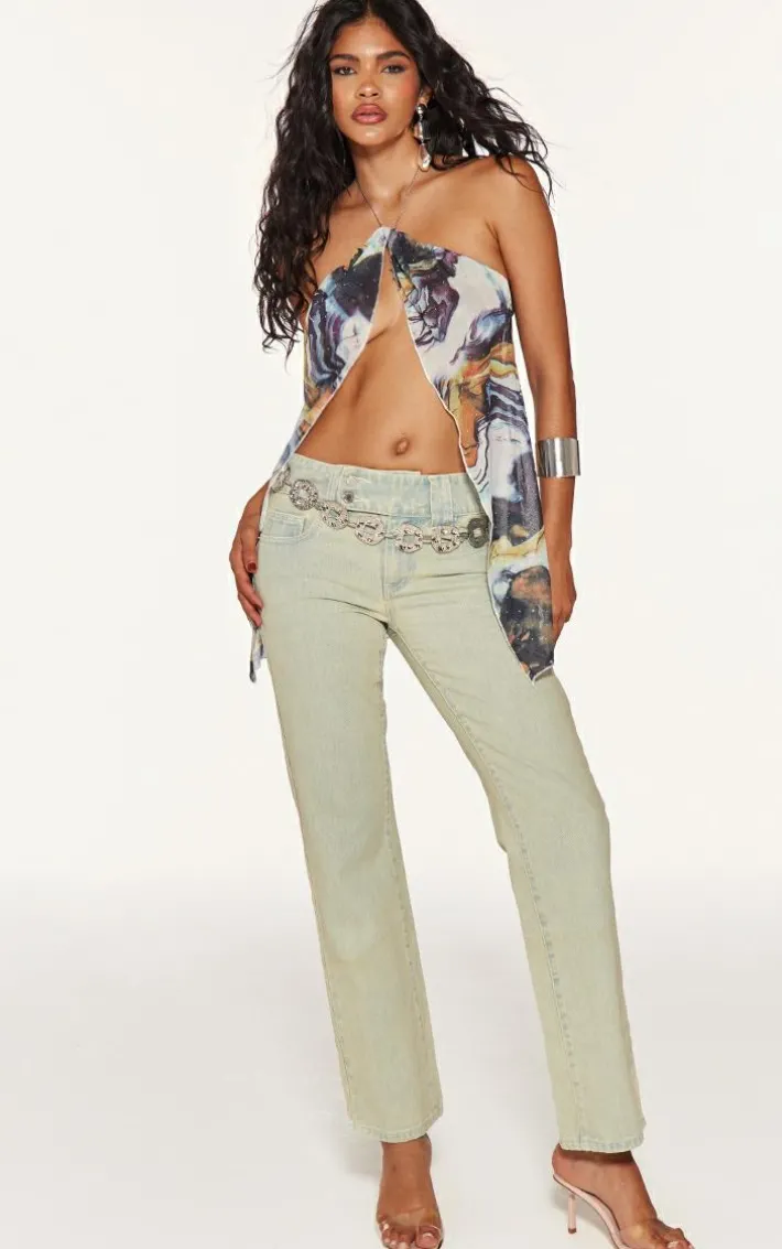 Orange Diamante Mesh Spilt Hem Chain Neck Detail Long Top