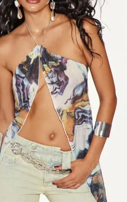 Orange Diamante Mesh Spilt Hem Chain Neck Detail Long Top