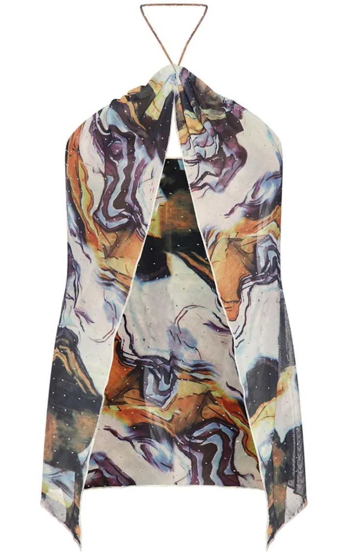 Orange Diamante Mesh Spilt Hem Chain Neck Detail Long Top