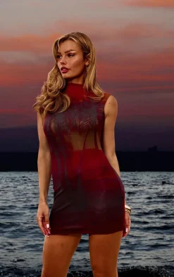 Orange Double Layer Palm Printed Mesh Bodycon Dress