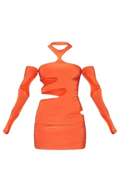 Orange Extreme Cut Out Sleeve Detail High Neck Bodycon Dress