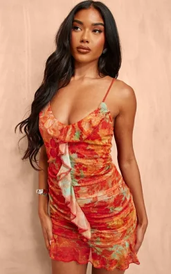 Orange Floral Abstract Print Frill Detail Shift Dress