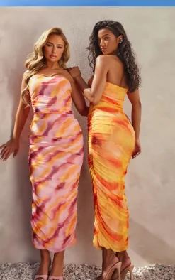 Orange Floral Mesh Bandeau Ruched Maxi Dress