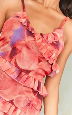 Orange Floral Print Asymmetric Frill Strappy Shift Dress