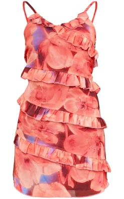 Orange Floral Print Asymmetric Frill Strappy Shift Dress