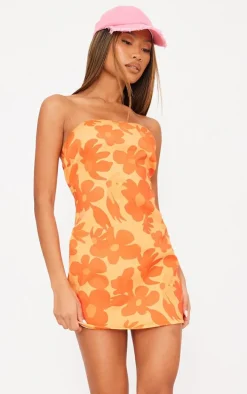 Orange Floral Print Bandeau Bodycon Dress