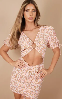Orange Floral Print Chiffon Ring Detail Cut Out Bodycon Dress