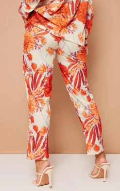 Orange Floral Print Cigarette Pants