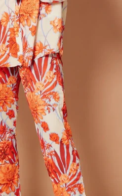 Orange Floral Print Cigarette Pants