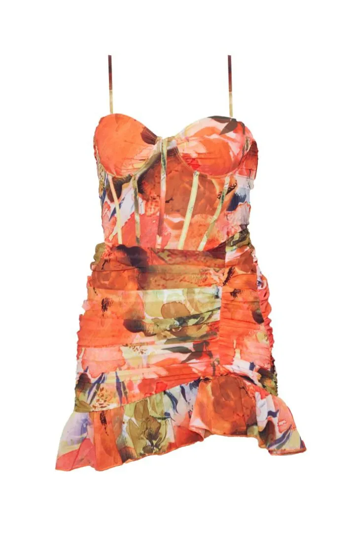 Orange Floral Print Corset Frill Hem Bodycon Dress