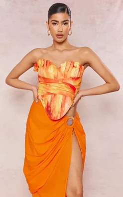 Orange Floral Print Woven Pleated Drape Front Corset