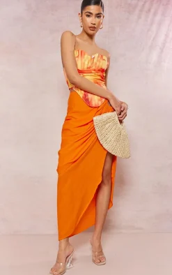 Orange Floral Print Woven Pleated Drape Front Corset