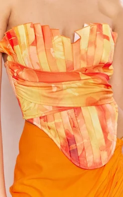 Orange Floral Print Woven Pleated Drape Front Corset