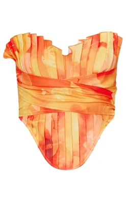 Orange Floral Print Woven Pleated Drape Front Corset