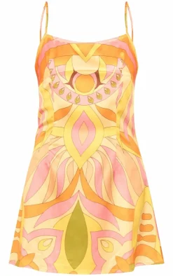 Orange Floral Printed Satin Shift Dress
