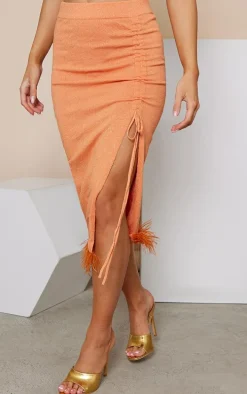 Orange Glitter Knit Feather Trim Midaxi Skirt
