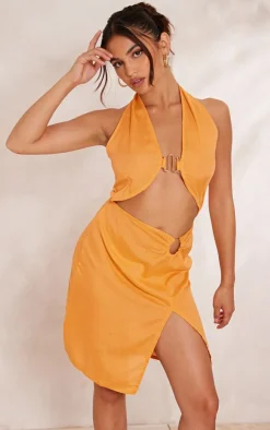 Orange Linen Look Trim Detail Halterneck Cut Out Bodycon Dress