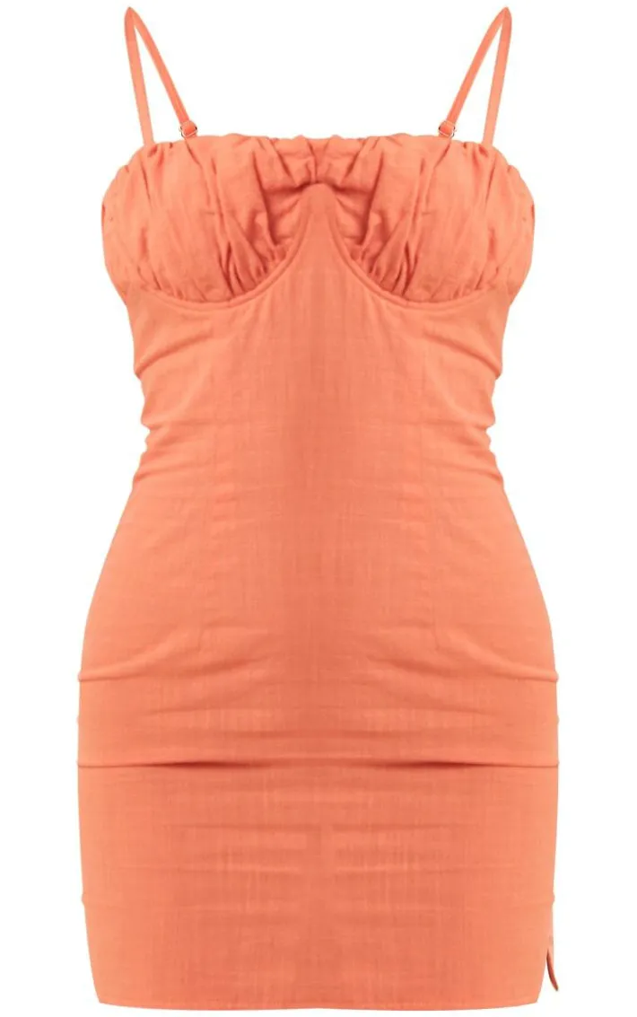 Orange Linen Look Underwired Bust Detail Strappy Bodycon Dress