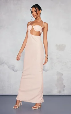 Orange Linen Look Underwired Side Cut Out Strappy Maxi Dress