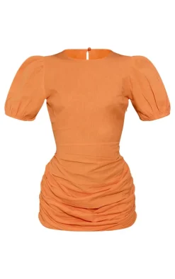 Orange Linen Scoop Neck Ruched Skirt Bodycon Dress