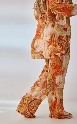 Orange Marble Print Crinkle Textured Wide Leg Beach Pants