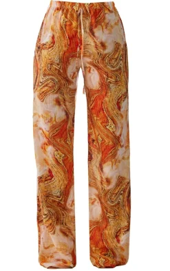 Orange Marble Print Crinkle Textured Wide Leg Beach Pants