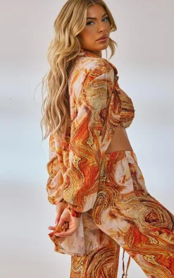 Orange Marble Print Crinkle Textured Oversized Shirt