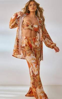 Orange Marble Print Crinkle Textured Oversized Shirt