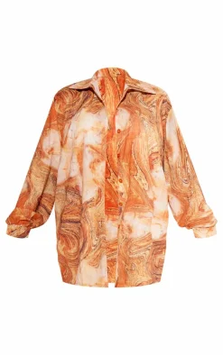Orange Marble Print Oversized Crinkle Textured Shirt