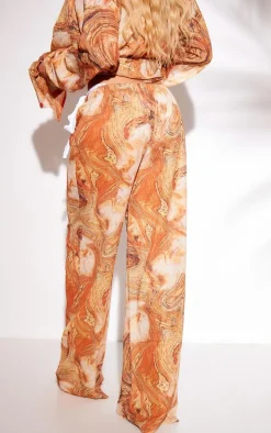Orange Marble Print Wide Leg Crinkle Textured Beach Pants