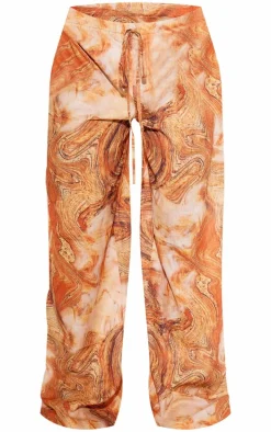 Orange Marble Print Wide Leg Crinkle Textured Beach Pants