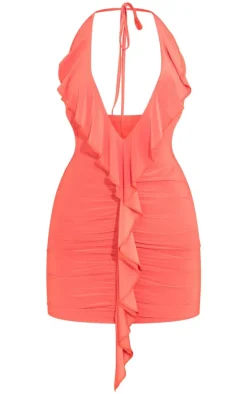 Orange Mesh Drape Neck Mini Dress