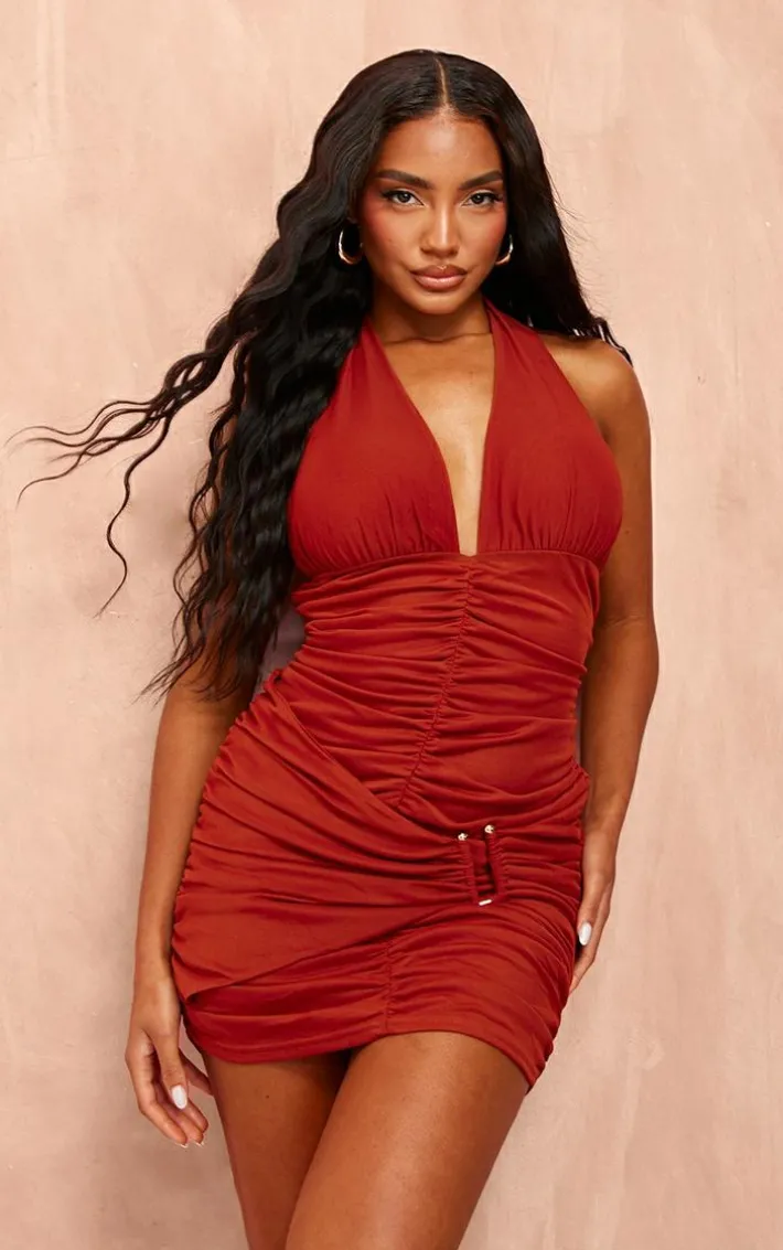 Orange Mesh Halterneck Ruched Bodycon Dress