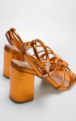 Orange Metallic Pu Round Toe Multi Strap Block Heeled Sandals