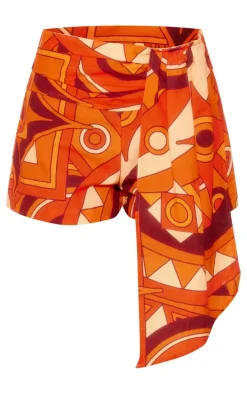 Orange Mosaic Print Linen Look Shorts