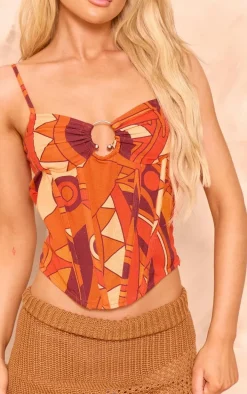 Orange Mosaic Print Linen Look Corset