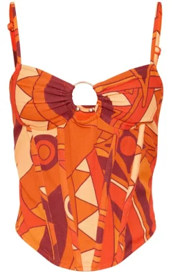 Orange Mosaic Print Linen Look Corset