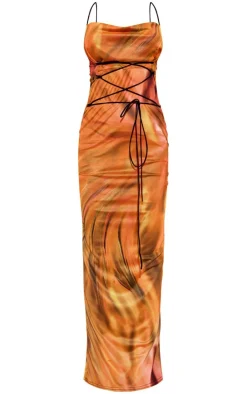 Orange Multi Printed Mesh Cowl Neck Maxi Dress