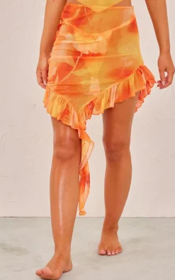 Orange Ombre Flower Print Frill Mesh Beach Skirt