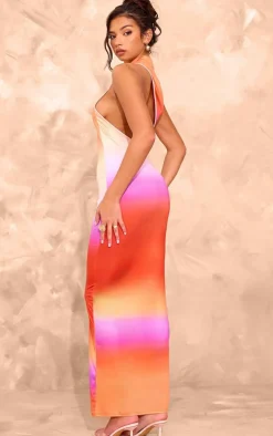 Orange Ombre Slinky Asymmetric Back Cut Out Sleeveless Maxi Dress