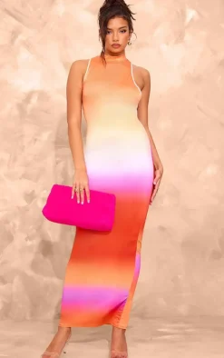 Orange Ombre Slinky Asymmetric Back Cut Out Sleeveless Maxi Dress