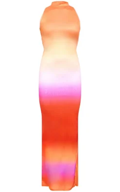 Orange Ombre Slinky Asymmetric Back Cut Out Sleeveless Maxi Dress