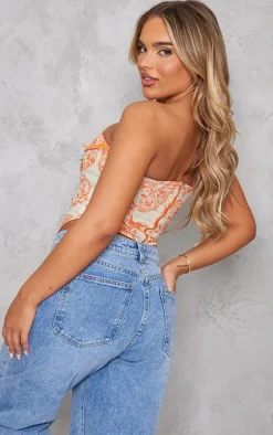 Orange Paisley Print Woven Asymmetric Pointed Hem Corset
