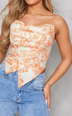 Orange Paisley Print Woven Asymmetric Pointed Hem Corset