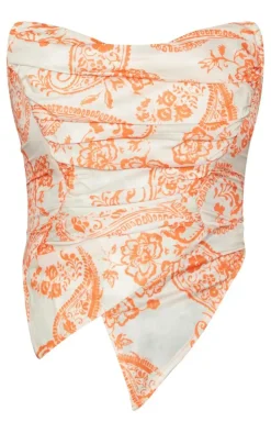 Orange Paisley Print Woven Asymmetric Pointed Hem Corset