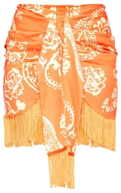 Orange Paisley Print Woven Tassel Wrap Skirt